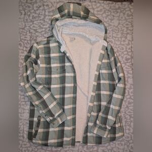 Plaid Hooded Long Sleeve Shirt - Green and White